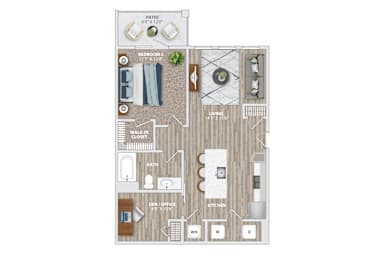 A floor plan of a house with a living room, kitchen, and bathroom.