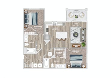 A floor plan of a house with two bedrooms, a living room, a kitchen, a bathroom, a walk-in closet, and a patio.
