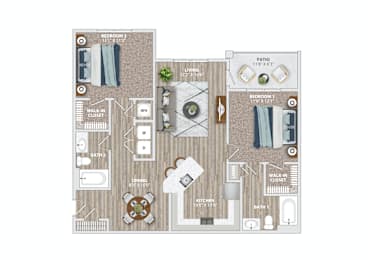 A floor plan of a house with two bedrooms, a living room, a kitchen, a dining room, and a patio.