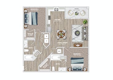 A floor plan of a house with two bedrooms, a kitchen, a patio, and a walk-in closet.