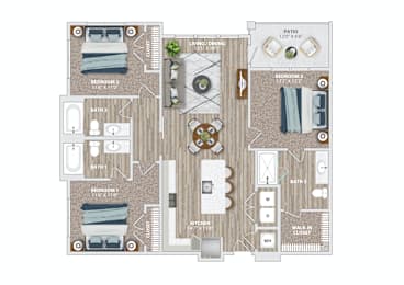 A floor plan of a house with three bedrooms, a living room, a kitchen, a bathroom, and a patio.