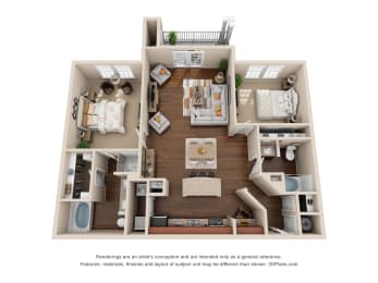 this is a 3d floor plan of a 752 square foot 1 bedroom apartment at the