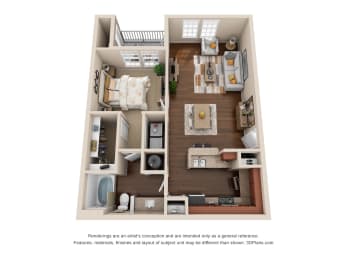 a 3d floor plan of a 1 bedroom apartment