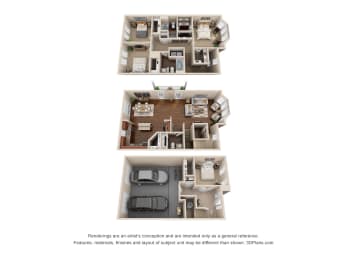 a 3d floor plan of a 3 bedroom apartment