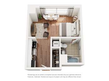 Floor Plan  A floor plan of a small apartment with a kitchen, living room, and bathroom.