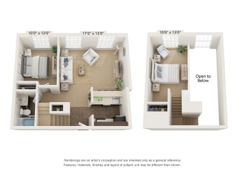1 bed 1 bath CT1a_Loft Floor Plan at Clocktower and Velvet Mill Apartments, Manchester, CT, 06040