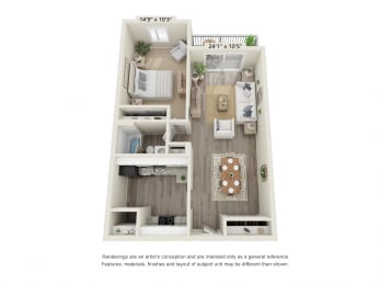 1 Bedroom floor plan at Gull Harbor Apartments, New London