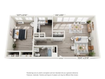 1 Bed 1 Bath Floor Plan at Park Edge, Springfield, MA, 13502