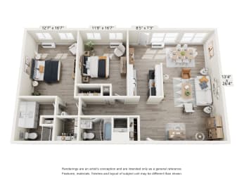 2 Bed 2 Bath Floor Plan at Park Edge, Springfield, MA