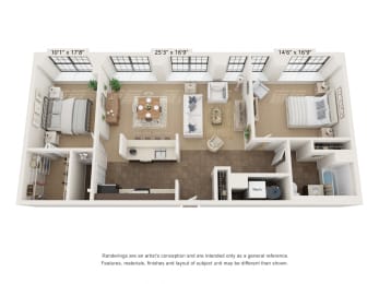 2 bed 2 bath VM2a_Flat Floor Plan at Clocktower and Velvet Mill Apartments, Manchester, CT