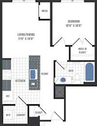 A floor plan of a home with a bedroom, living room, kitchen, and bathroom.