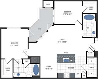 A floor plan of a home with a living room, two bedrooms, a dining room, kitchen, laundry, and walk-in closets.
