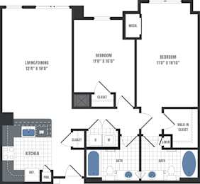 A floor plan of a home with two bedrooms, a living area, a kitchen, and two bathrooms.