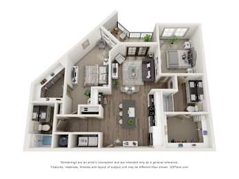 A 3D floor plan of a house with a kitchen, living room, and bedrooms.