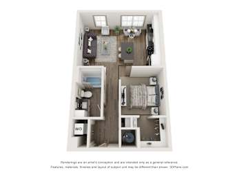 A 3D floor plan of a small apartment with a living room, kitchen, and bathroom.