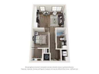 A 3D floor plan of a small apartment with a kitchen, living room, and bathroom.