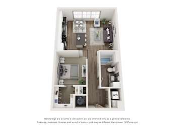 A 3D floor plan of a small apartment with a kitchen, living room, and bathroom.