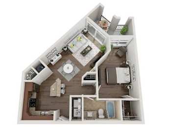A top-down view of a house layout with a kitchen, living room, and bedrooms.