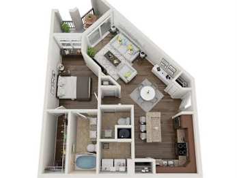 A floor plan of a two-bedroom apartment with a living room, kitchen, and bathroom.