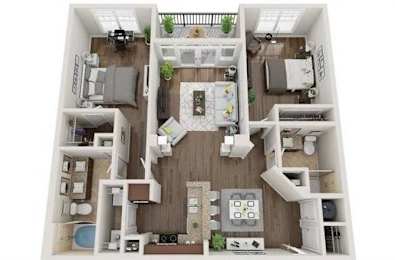 A top-down view of a small apartment with a kitchen, living room, and bedroom.