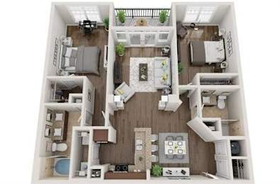 A top-down view of a modern apartment layout with a kitchen, living room, and two bedrooms.