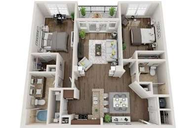 A top-down view of a small apartment with a kitchen, living room, and bedroom.
