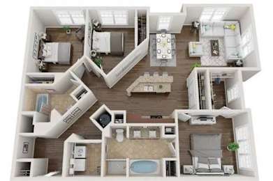A 3D floor plan of a house with multiple rooms and furniture.