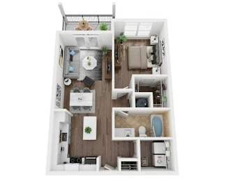 A top-down view of a small apartment with a kitchen, living room, and bathroom.