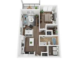 A top-down view of a small apartment with a kitchen, living room, and bathroom.