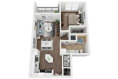 A top-down view of a small apartment with a kitchen, living room, and bedroom.