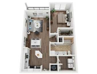A top-down view of a small apartment with a kitchen, living room, and bedroom.