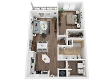 A white and wood floor plan of a small apartment with a kitchen, living room, and bathroom.