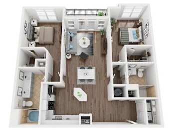 A top-down view of a small apartment with a kitchen, living room, and bedroom.