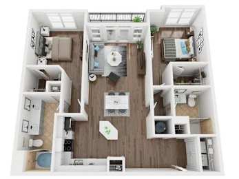 A top-down view of a small apartment with a kitchen, living room, and bedroom.