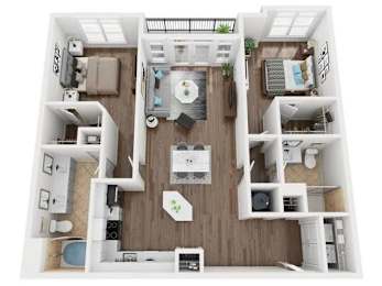 A top-down view of a small apartment with a kitchen, living room, and bedroom.