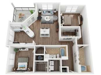 A top-down view of a two-story house with a living room, kitchen, and bedrooms.