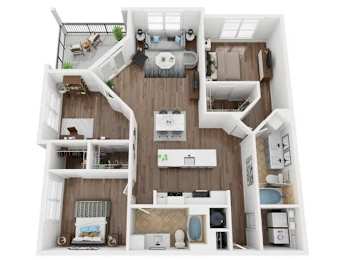 A top-down view of a small apartment with a kitchen, living room, and bathroom.