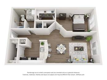 A 3D floor plan of a modern apartment with a living room, kitchen, and bedrooms.