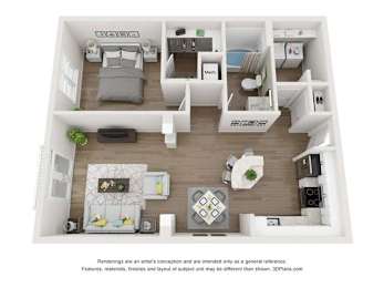 A 3D floor plan of a small apartment with a kitchen, living room, and bedroom.