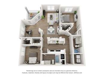 A 3D floor plan of a house with a kitchen, living room, and two bedrooms.