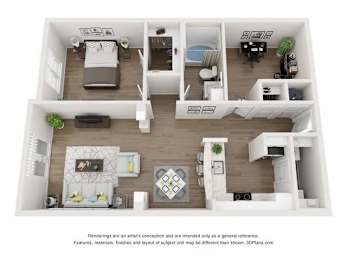 A 3D floor plan of a house with a kitchen, living room, dining room, and bedrooms.