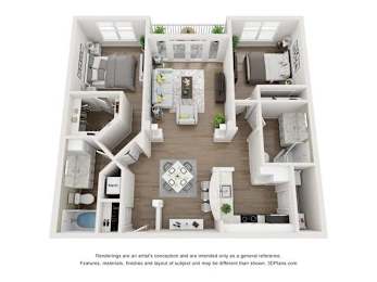 A 3D floor plan of a house with a kitchen, living room, and two bedrooms.
