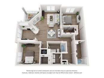 A 3D floor plan of a house with a kitchen, living room, dining room, and two bedrooms.