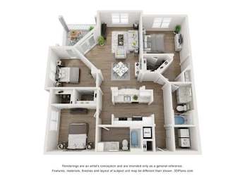A 3D floor plan of a house with a kitchen, living room, and two bedrooms.