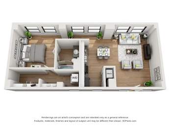 A 3D floor plan of a small apartment with a kitchen, living room, and bedroom.