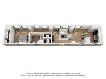 A 3D floor plan of a small apartment with a kitchen, living room, and bedroom.