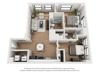 A 3D floor plan of a small apartment with a kitchen, living room, and bedroom.