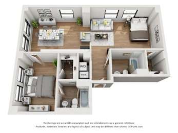 A 3D floor plan of a small apartment with a kitchen, living room, and bedroom.