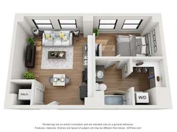 A 3D floor plan of a small apartment with a kitchen, living room, and bathroom.