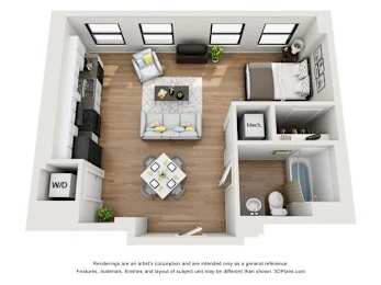A 3D floor plan of a small apartment with a living room, kitchen, and bathroom.